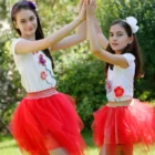 Fusta tul rosu forma frunze cu elastic auriu