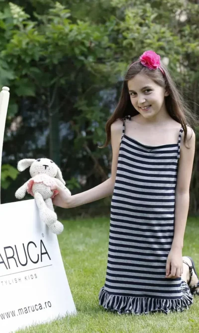 Rochie din bumbac in dungi cu volane si bretele